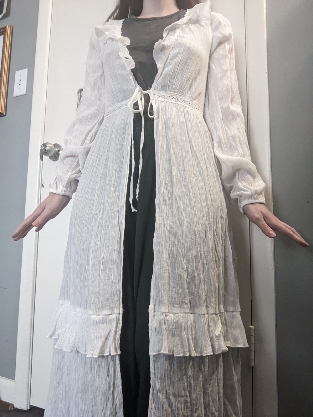 Sheer Ruffle Tie-Front Duster Cardigan in White